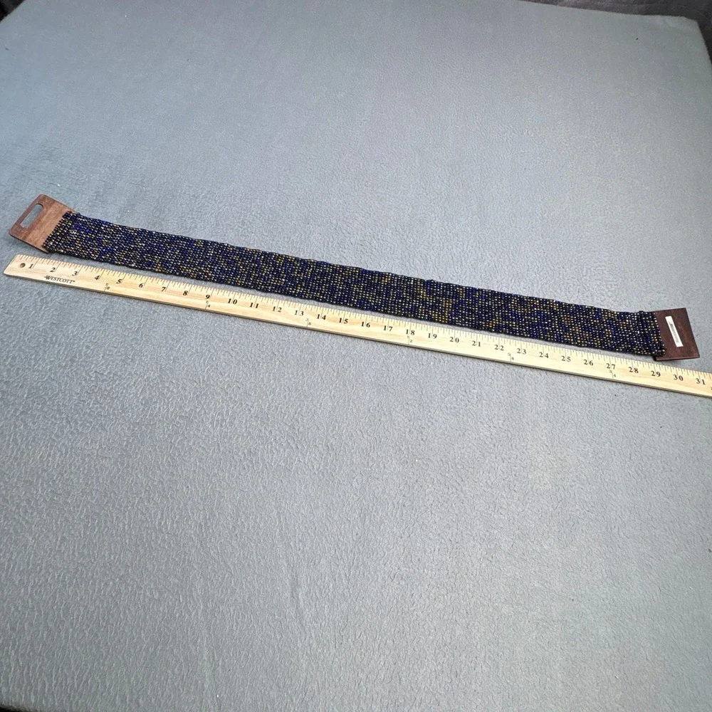 Handmade Indonesian Beaded Belt Navy Blue Gold Wood Buckle Boho Wide 29.5in